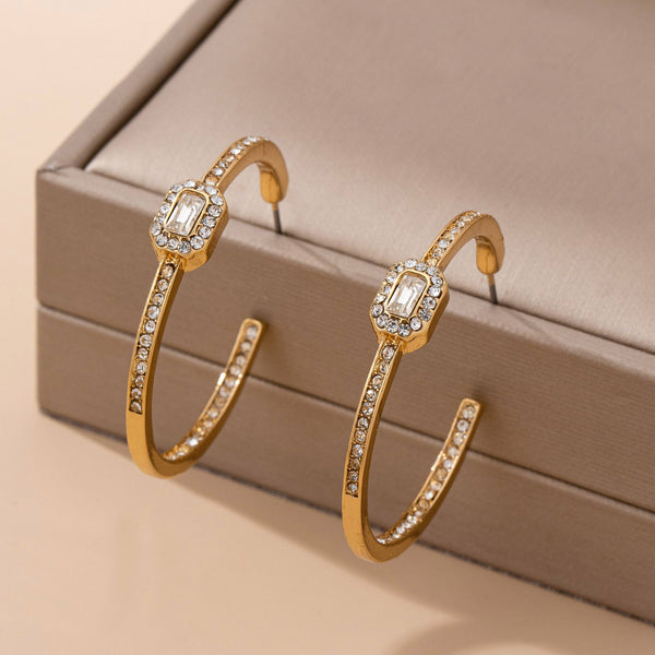 Solitaire Square Crystal Gold Hoop Earrings | 80E61752: GOLD - Lulu Bella Boutique
