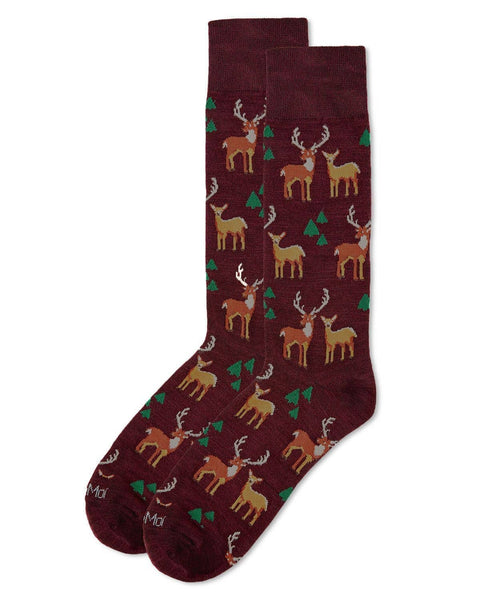 MeMoi Oh Deer Bamboo Blend Men's Crew Socks: Burgundy / 10 13