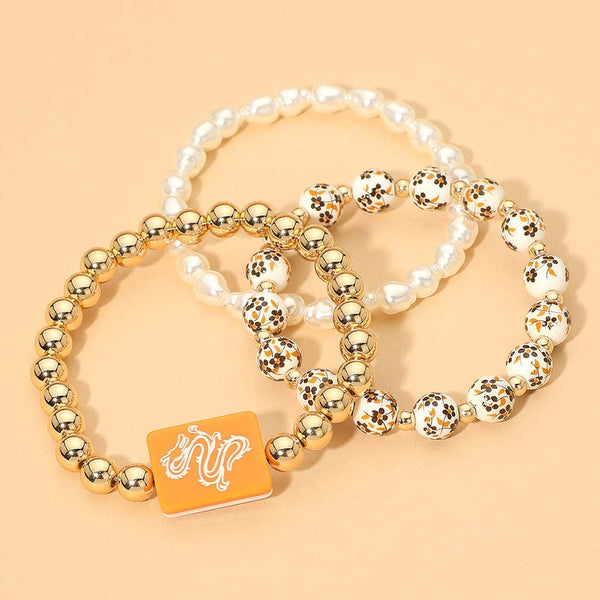 3PCS - Mahjong Charm Accent Floral Pearl Beaded Stretch Multi Layered Bracelets: Gold,Pink