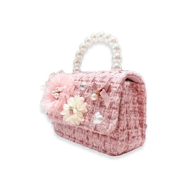 B1305 Floral Appliques Tweed Purse (3 Colors): Beige