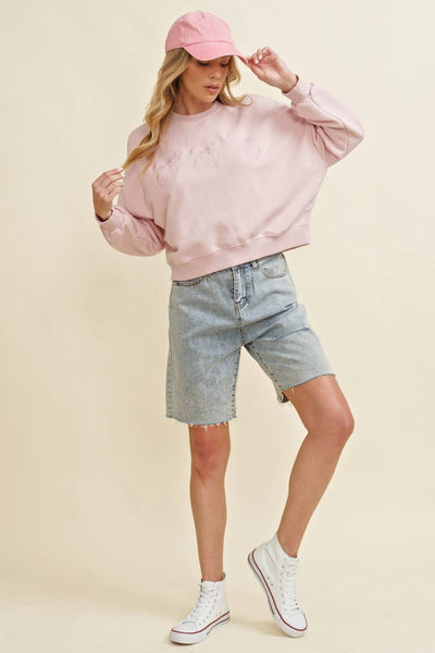 CT13362K - EMBROIDERED BOW DETAIL PULLOVER TOP: Light Pink / S