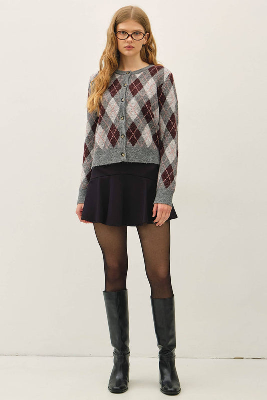 ARGYLE PATTERN SWEATER CARDIGAN : GREY