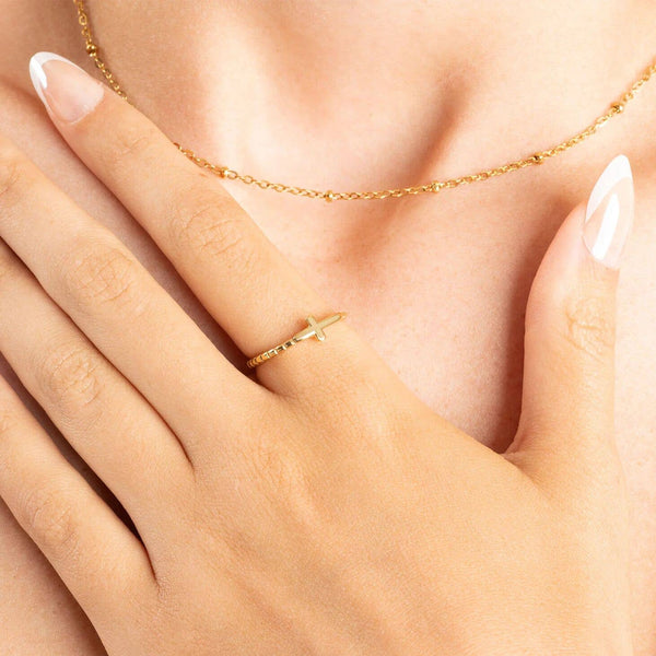 14K Gold Filled Plus™ Beaded Cross Stacking Ring: Gold / 7