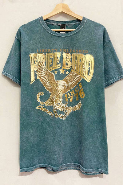 Free Bird Gold-Foil Mineral-Tee : SILVER PINE / OVERSIZED / SM