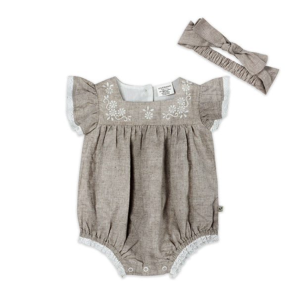 Lena Floral Embroidered Baby Romper + Headband (Linen Blend): Natural