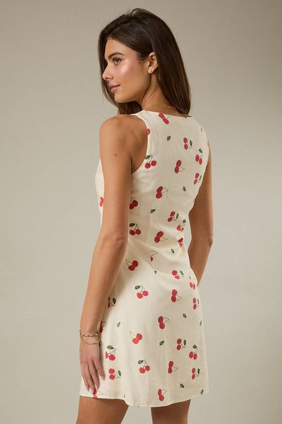 BOAT NECK SLEEVELESS CHERRY PRINTED MINI DRESS: CREAM-MULTI / S - Lulu Bella Boutique