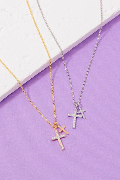 Cz Pave Double Cross Pendant Necklace: S - Lulu Bella Boutique