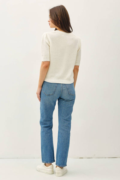 CHUNKY PUFF SHORT SLEEVE CABLE KNIT SWEATER: Ivory - Lulu Bella Boutique