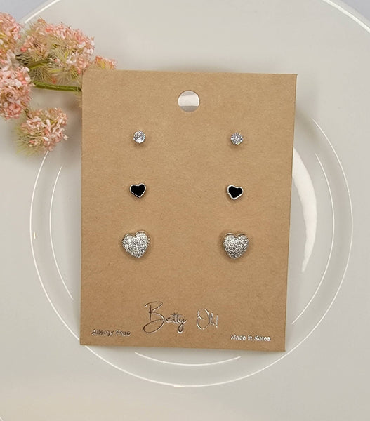 MINI CZ HEART DESIGN 3 PAIR SET POST EARRINGS.: GOLD - Lulu Bella Boutique