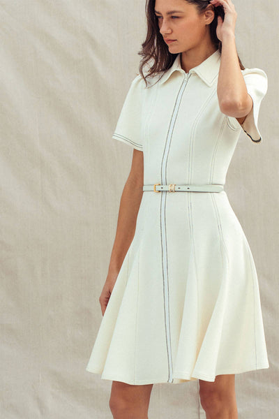 Contrast Stitch Zip Front Knit Mini Dress Belted: IVORY / S-M-L:2-2-2 - Lulu Bella Boutique