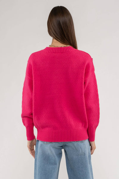 BUTTON TAB SHOULDER PULLOVER SWEATER: FUCHSIA