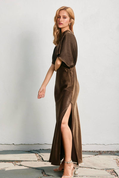 Satin Blouson Maxi Dress: ESPRESSO