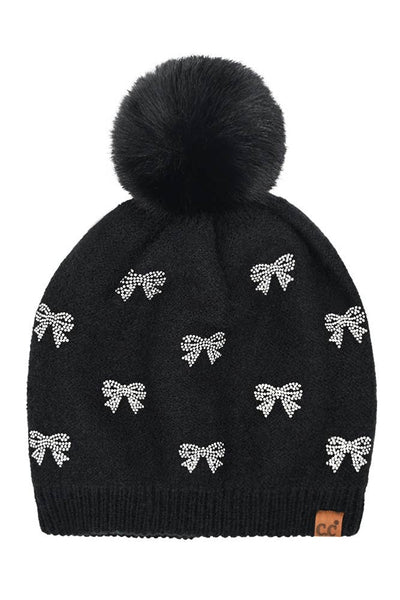 C.C Allover Rhinestone Mini Bow Pom Beanie: Red