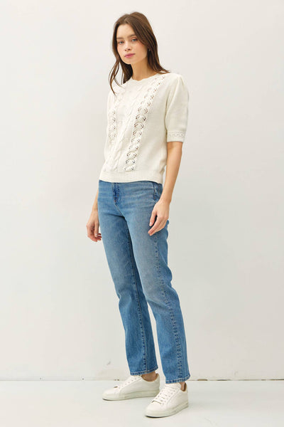 CHUNKY PUFF SHORT SLEEVE CABLE KNIT SWEATER: Ivory - Lulu Bella Boutique