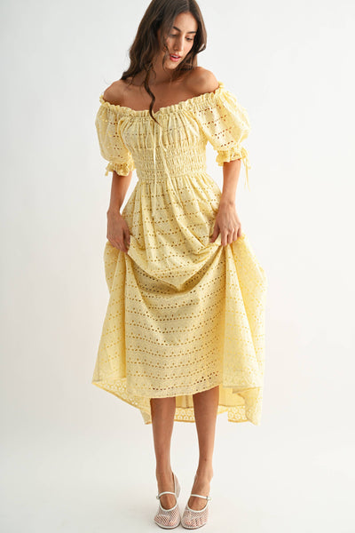 Eyelet Maxi Dress with Smocked Bodice Puff Sleeves: LT.YELLOW - Lulu Bella Boutique