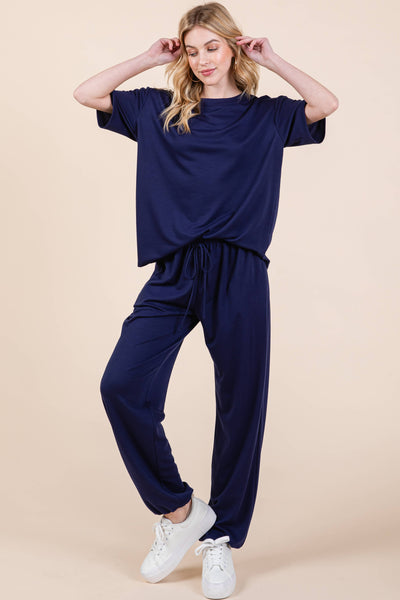 Plus Size Solid  Casual Loungewear Set: Navy Blue / 2XL