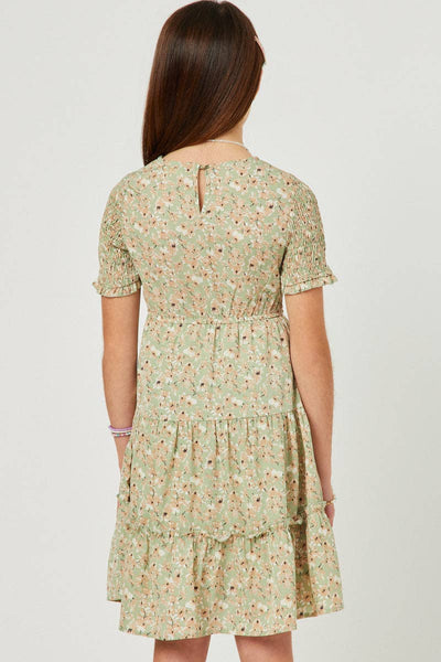 Girls Floral Smocked Tiered Skirt Dress: Sage
