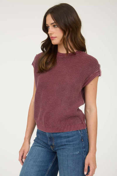 WASHED KNIT SHORT TAB SLEEVE PULLOVER SWEATER: BURGUNDY - Lulu Bella Boutique
