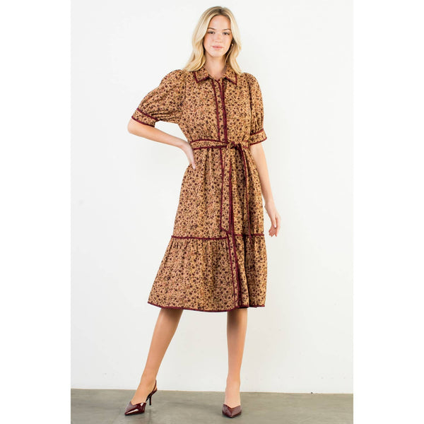 Short Sleeve Corduroy Floral Pattern Dress: BROWN