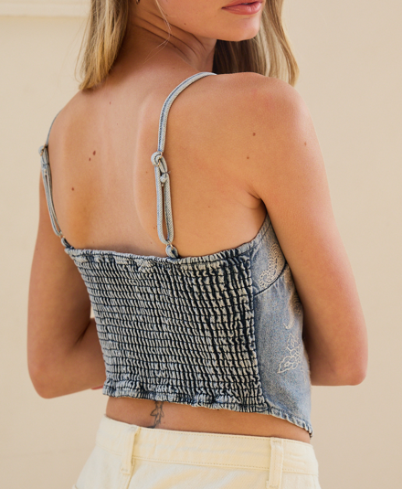 Denim Paisley Embroidery Bandana Top - RT1255: WASHED DENIM / S-M-L (3-2-1) - Lulu Bella Boutique