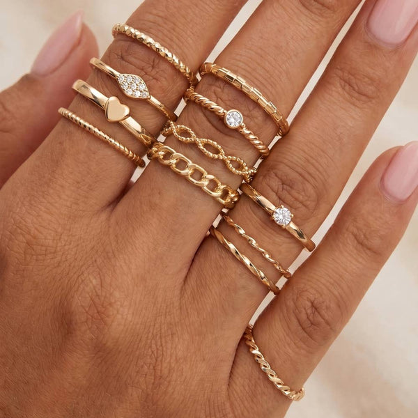 Crystal Heart And Cluster Stacking Ring Set