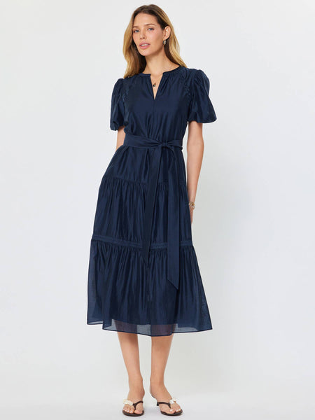 Short Puff Sleeve Tiered Midi Dress: Navy / XS - Lulu Bella Boutique
