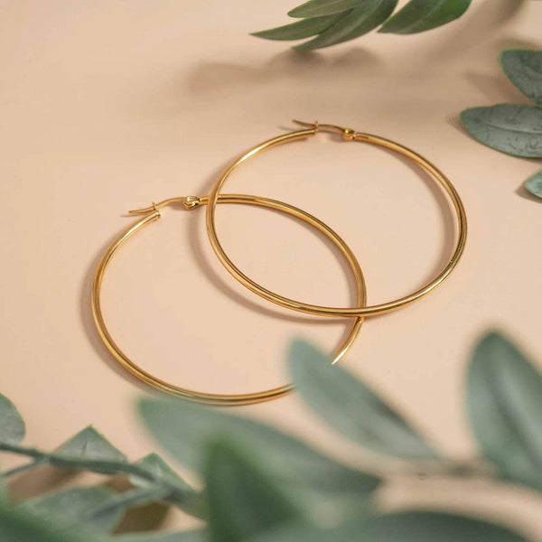 18K Gold PVD Stainless Steel Round Tube Hoop Earrings: Gold / 40mm