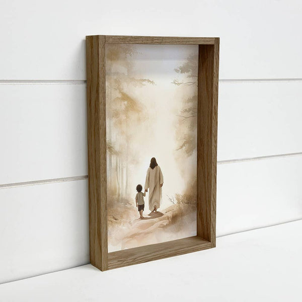 Jesus Walking with Dark Haired Boy - Jesus Canvas Art : 18x24" Large Canvas Art with Thick Wood Frame - Lulu Bella Boutique
