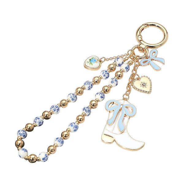 Enamel Bow Cowboy Boot Heart Floral Ceramic Ball Beaded Keychain / Bag Charm - Lulu Bella Boutique