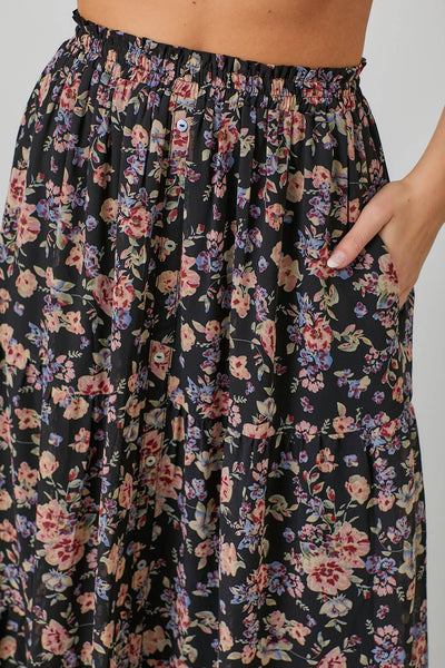 FLORAL PRINT BUTTON FRONT SKIRT: BLACK MULTI - Lulu Bella Boutique