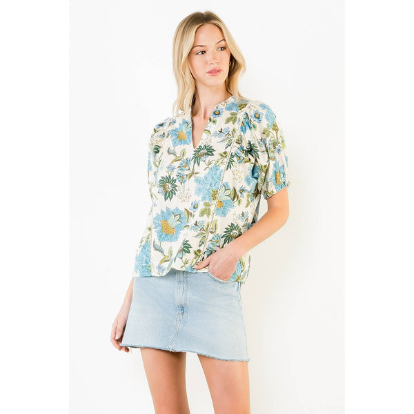 Short Sleeve Floral Lace Trim Top: CREAM / XS-S-M-L(1-2-2-1) - Lulu Bella Boutique
