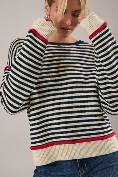 ROLL UP NECK LONG SLEEVE STRIPE SWEATER TOP: CREAM-NAVY STRIPE