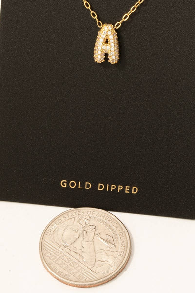 Gold Dipped Cz Pave Bubble Letter Pendant Necklace: A - Lulu Bella Boutique
