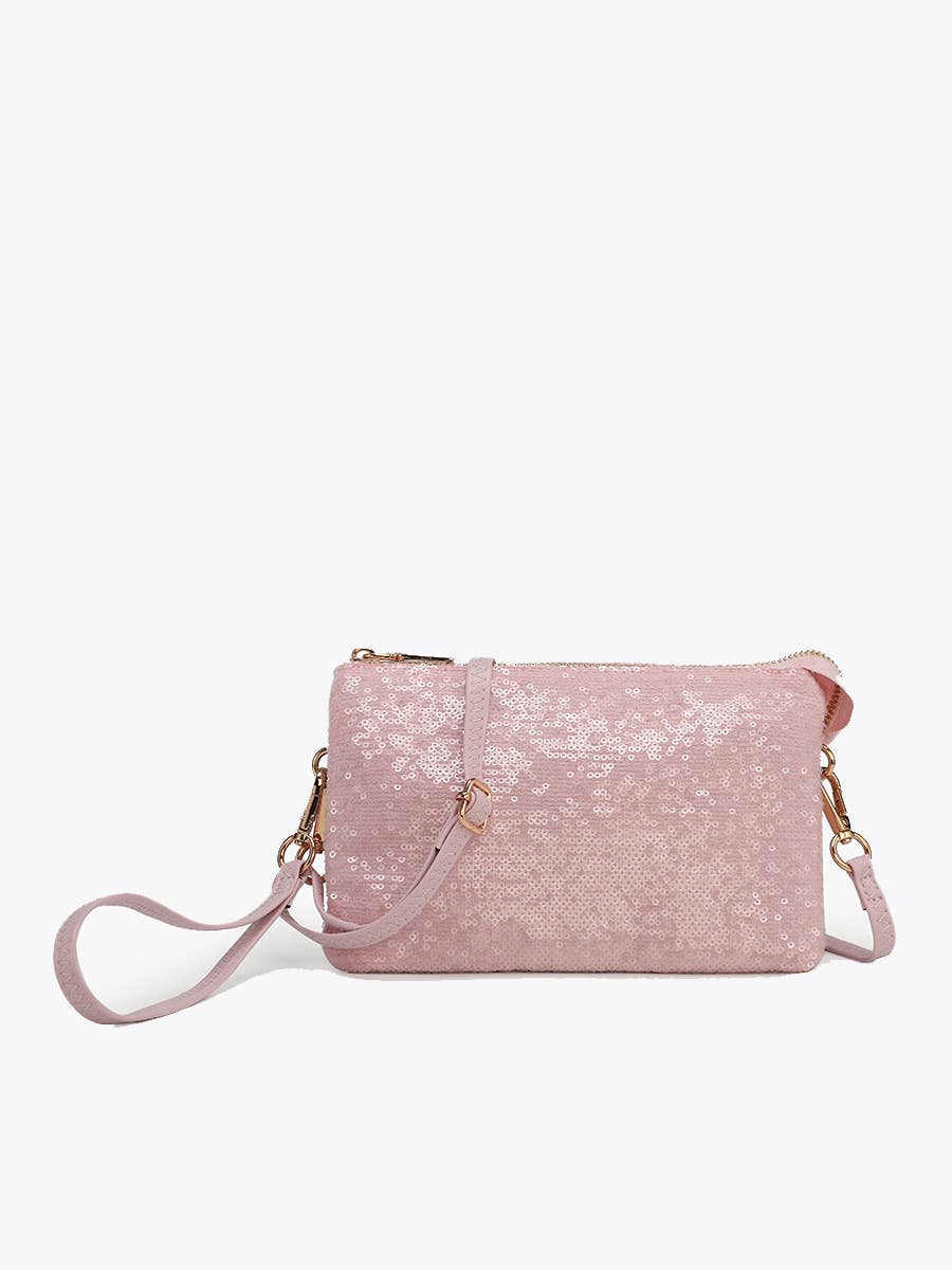 M013SQN Riley Sequin 3 Compartment Crossbody/Wristlet: Lt. Pink - Lulu Bella Boutique