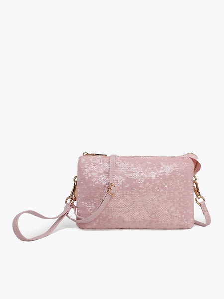 M013SQN Riley Sequin 3 Compartment Crossbody/Wristlet: Lt. Pink - Lulu Bella Boutique