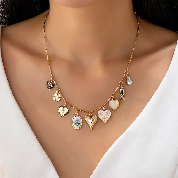 CHARM NECKLACE-HEARTS PORCELAIN FISH RHINESTONE | 80N92690: GOLD - Lulu Bella Boutique
