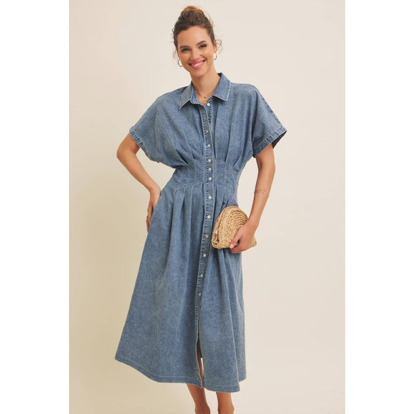 STRETCHY DENIM MIDI DRESS WITH MINERAL-WASHED: WASHED DENIM / L - Lulu Bella Boutique
