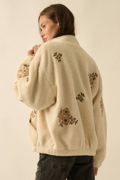 Floral-Embroidered Sherpa Fleece Zip-Up Jacket: Cream
