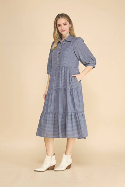 Gingham Tiered Midi Dress: Denim Blue
