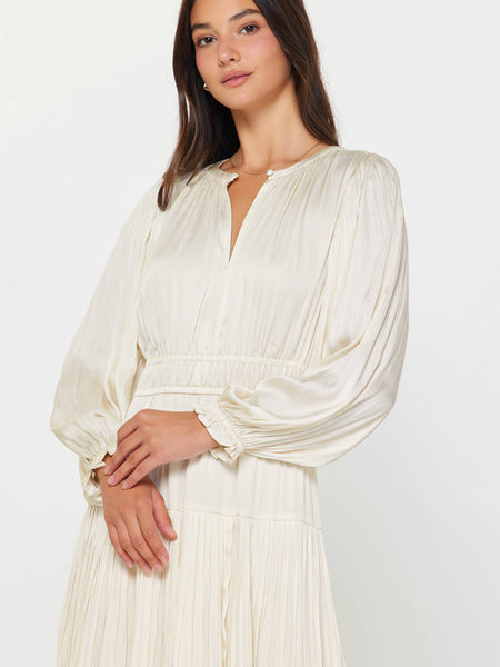 Pleated Long Sleeve Midi Dress: Ecru / XS - Lulu Bella Boutique