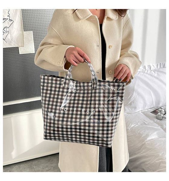 Plaid PVC Tote Bag for Women: Black