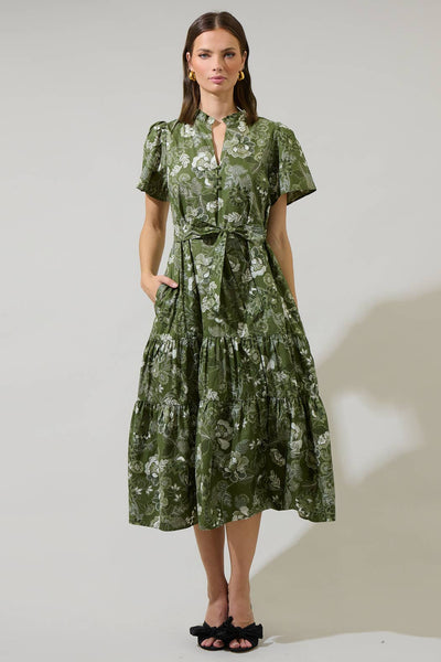 Hazleton Floral Britt Poplin Tiered Midi Dress: CREAM-OLIVE / M - Lulu Bella Boutique