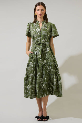 Hazleton Floral Britt Poplin Tiered Midi Dress: CREAM-OLIVE / M - Lulu Bella Boutique
