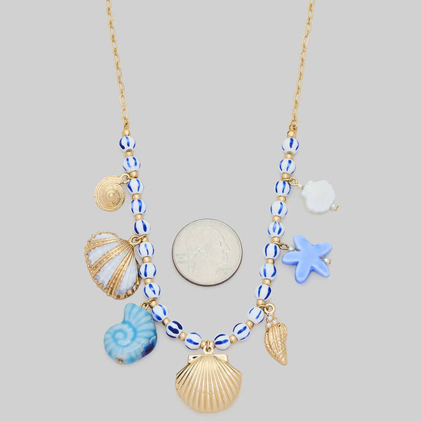 CERAMIC SEA LIFE CHARM AND SHELL LOCKET NECKLACE: BLUE / 1 SIZE - Lulu Bella Boutique