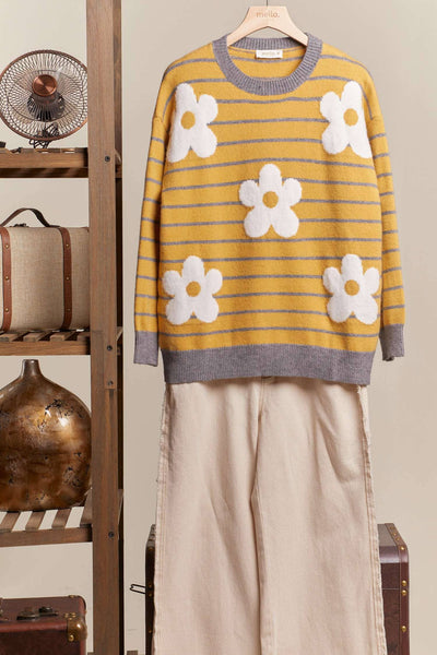 Daisy Patched Striped Sweater: Mustard / S