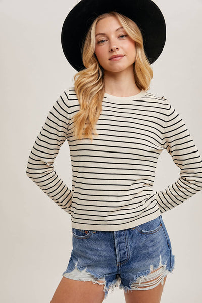 STRIPED CREW NECK KNIT TOP LONG SLEEVE: OATMEAL / L