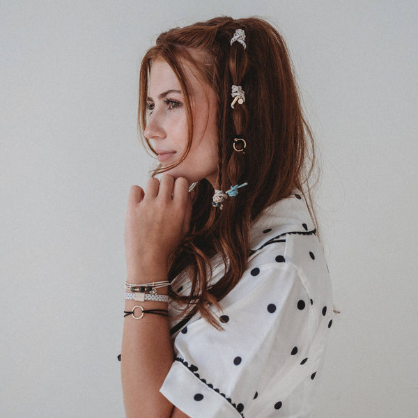 "Flirt" Polka Dot in Cream & Black with Green Accent Hair Tie Bracelets: Medium