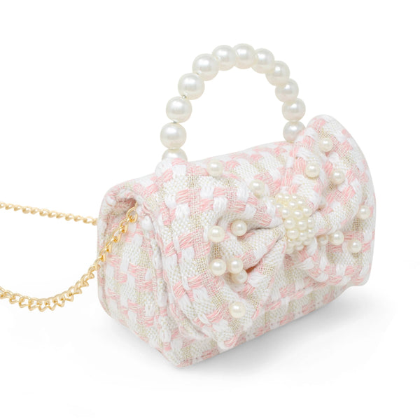 Girls Tweed Jumbo Pearl Bow Handbag: Pink