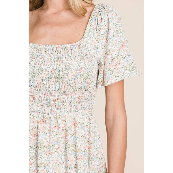 Floral Print Square Neck Smocked Midi Dress: Cream - Lulu Bella Boutique