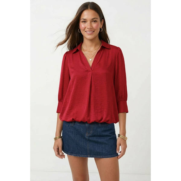 Half Sleeve Hi-lo Bubble Hem Blouse: New Red